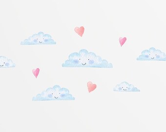 Fabric Clouds Wall Decals, Watercolour Nursery Decor, Clouds and Hearts Wall Stickers, Cute Clouds Hearts Decal, Smiling Clouds Wall Decal