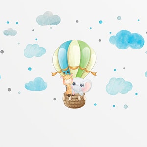 Animals Hot Air Balloon Textured Wall Decal, Watercolour Nursery Decor, Animals Wall Stickers, Elephant Decal, Giraffe Wall Decal