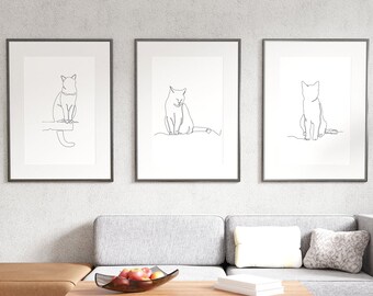 Line Art Cat Wall Decor, Cats Collage Wall Decals, Home Decoration for Cat Lovers, Minimalist Line Wall Art, Cat Art Wall Prints, Stickers