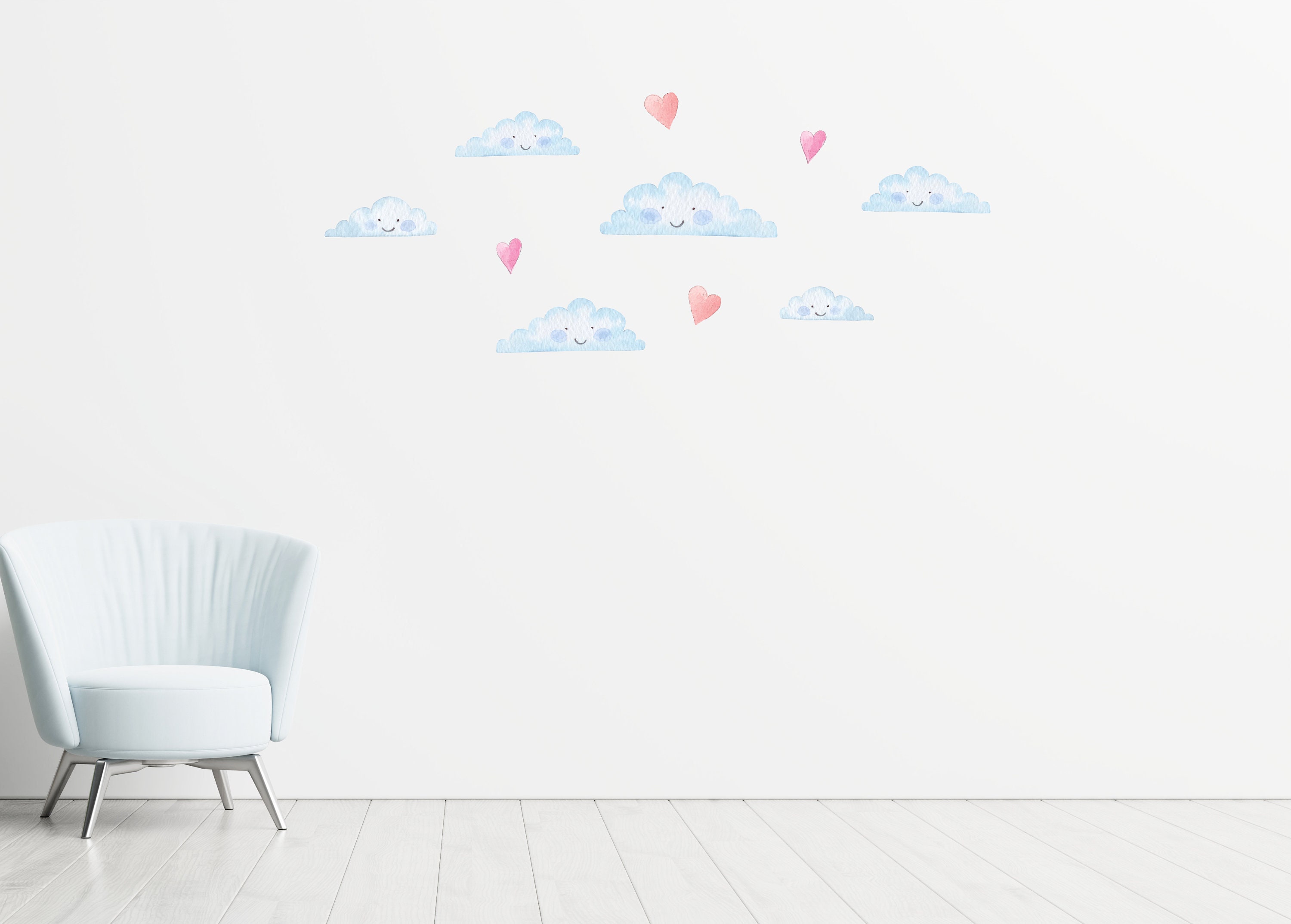 Fabric Clouds Wall Decals, Watercolour Nursery Decor, Clouds and Hearts Wall Stickers, Cute Clouds Hearts Decal, Smiling Clouds Wall Decal