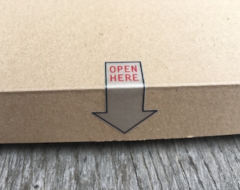 Open Here stickers for sellers, box opening stickers, show customers where the package opens, customizable etsy store supply decals