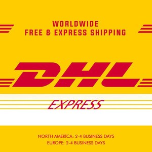 May include: Yellow background with the DHL Express logo in red and white. The text "WORLDWIDE FREE & EXPRESS SHIPPING" is above the logo. The text "NORTH AMERICA: 2-4 BUSINESS DAYS EUROPE: 2-4 BUSINESS DAYS" is below the logo.
