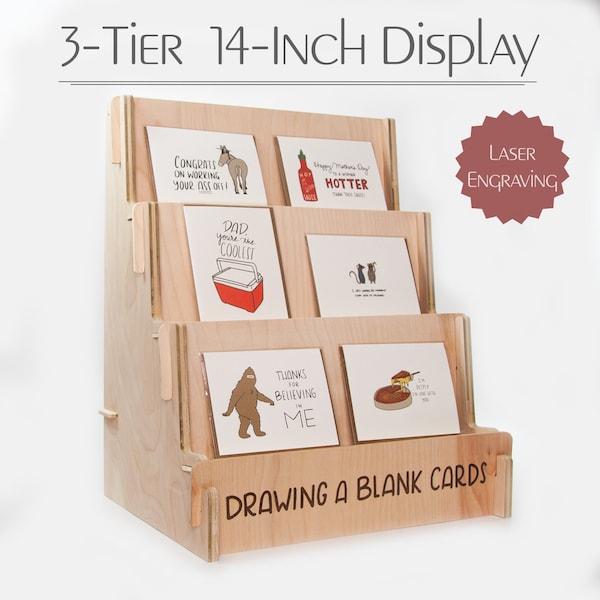 Craft Show Display Stand, Table Top Shelf, Wood Greeting Card Display, Postcard, Sticker, Photo | Three Tier, 14"