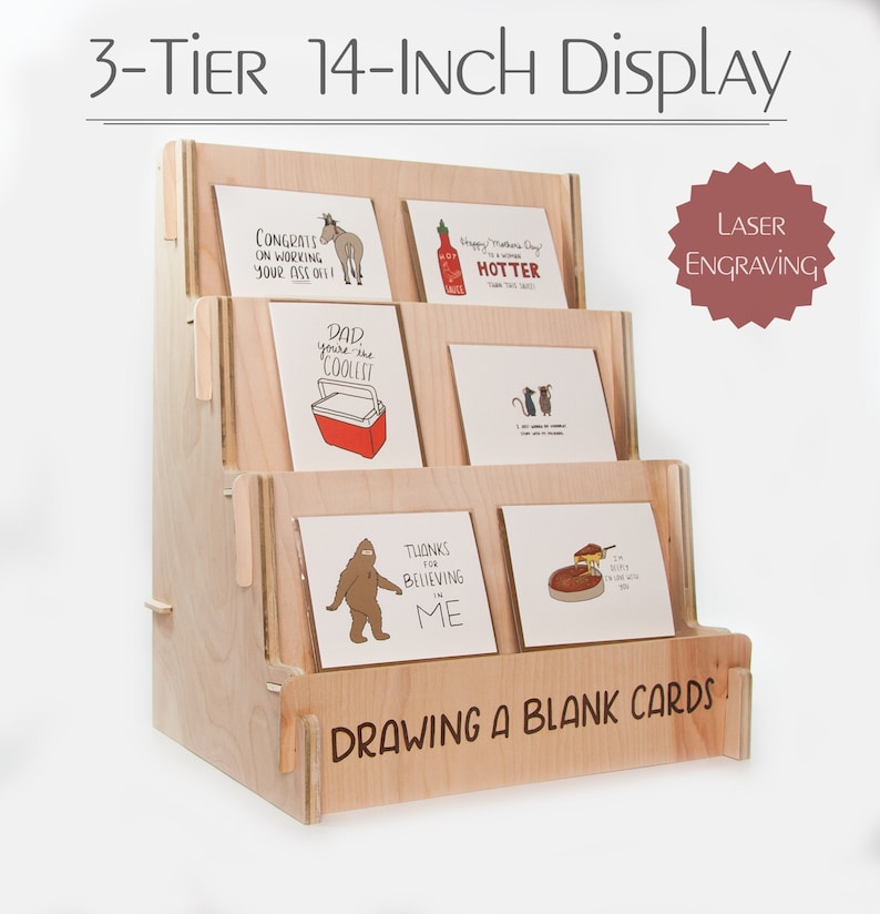 Craft Show Display Stand, Tischregal, Grußkartenständer aus Holz, Postkarte, Aufkleber, Foto Drei Tier, 36cm Bild 1
