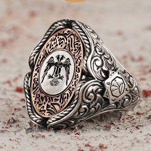 Double Headed Eagle Seljuk State Sterling Silver Ring for Men, Handmade Silver Double Headed Eagle Ring, Engraved Silver Ring for Men