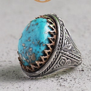 Genuine Turquoise Gemstone Sterling Silver Ring, Statement Ring for Men, Natural Turquoise Ring, Gift for Him, Anniversary Gift Silver Ring