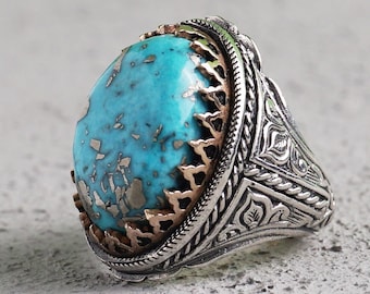 Genuine Turquoise Gemstone Sterling Silver Ring, Statement Ring for Men, Natural Turquoise Ring, Gift for Him, Anniversary Gift Silver Ring