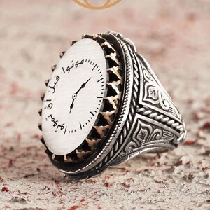 Hand gegraveerd ontwerp Sterling Zilver Arabisch "De dood is genoeg als adviseur" Geschreven Sterling zilveren ring, Islamitische zilveren ring voor mannen