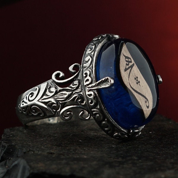 Women's Mystic Sufism silver ring,"Nothingness" written ring,Blue fire amber stone ring,925 sterling silver ring, Custom hand engraved ring