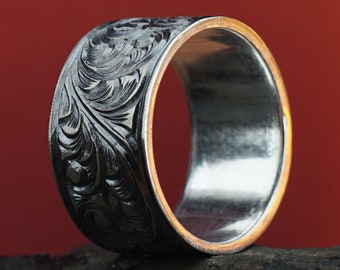 Men&#39;s Engraved Wedding Ring, Art Deco Scroll Style Wedding Band, Hand Milgrain Men&#39;s Silver Ring,  Flat Men&#39;s Wedding Ring, Engagement Ring