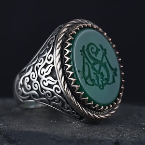 Anillo de plata de ley 925 para hombre con piedra de ágata verde y grabado de letras personalizado, regalo personalizado para él, joyería hecha a mano
