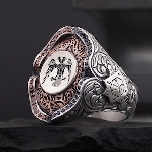 Double Headed Eagle Seljuk State Sterling Silver Ring for Men, Convex Design Double Headed Eagle Ring, Blue-Red Stone Silver Ring for Men