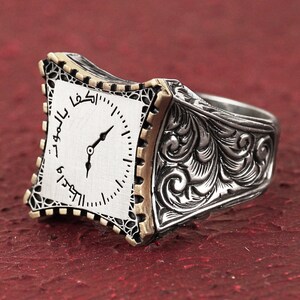 Hand gegraveerd ontwerp Sterling Zilver Arabisch "De dood is genoeg als adviseur" Geschreven Sterling zilveren ring, Islamitische zilveren ring voor mannen