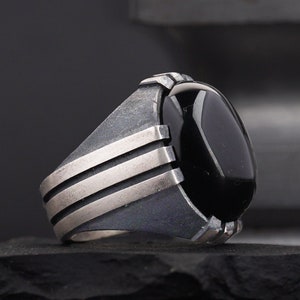 Black Amber Oltu Stone Silver Ring for Men, 925 Sterling Handmade Ring, Unique Gemstone Islamic Jewelry, Bold Statement Gift
