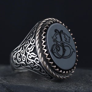 Anillo de plata de ley 925 para hombre con piedra de ágata negra y grabado de letras personalizado, regalo personalizado para él, joyería única hecha a mano