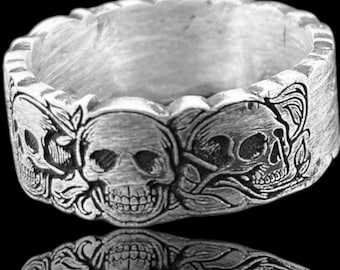 Anillo de calavera Harley para hombre, anillo gótico de motociclista de plata de ley, joyería punk de heavy metal, anillo con motivo de calavera grabada