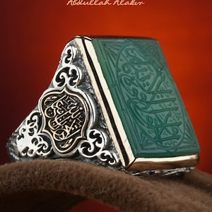 Manuscript Groene Agaat Mannen Islamitische Zilveren Ring, Custom Design Arabisch Handgeschreven Aqeeq Edelsteen Mannen Zilveren Ring, Handgemaakte Ring voor Mannen