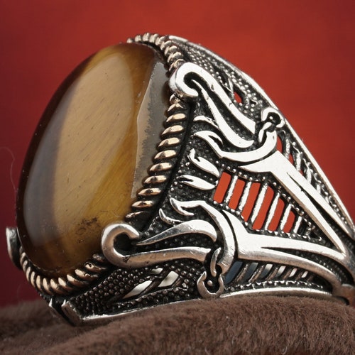 Genuine Diamond Tiger's Eye Ring Sterling Silver Ring - Etsy