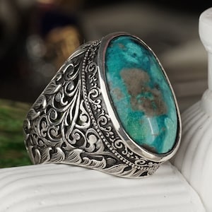 Genuine Turquoise Gemstone Sterling Silver Ring, Statement Ring for Men, Natural Turquoise Ring, Gift for Him, Anniversary Gift Silver Ring