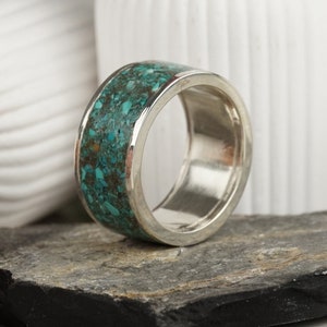 Genuine Broken Turquoise Gemstone Sterling Silver Wedding Ring, Natural Turquoise Ring, Thick Wedding Band Ring, Phenomenal Turquoise Ring