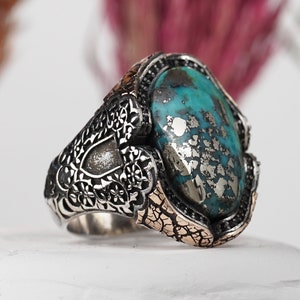 Alhambra Palace Design Genuine Turquoise Gemstone Sterling Silver Ring, Map Engraved Ring, Sterling Silver Ring, Raw Turquoise Gemstone image 1