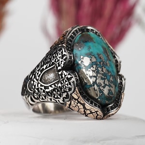 Alhambra Palace Design Echter Türkis Edelstein Sterling Silber Ring, Karte Gravierter Ring, Sterling Silber Ring, Roher Türkis Edelstein