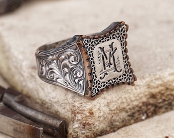 925K Silver Monogram Ring, Custom Intertwined Letters Signet Ring, Handcrafted Floral Men Ring, Personalized Square Signet Ring for Men