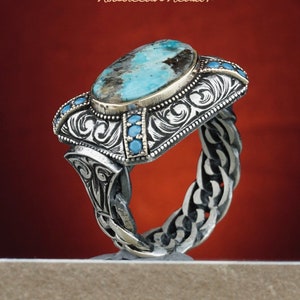 Anillo de plata turquesa para hombres, Banda de plata hecha a mano a medida, Anillo de plata heráldica turquesa, Anillo de piedra preciosa de turquesa heráldica masculina