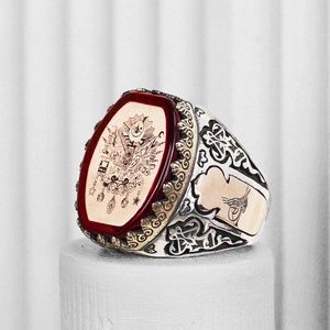Anillo de piedra ámbar de fuego rojo Sanjak otomano, anillo con sello del Imperio otomano, joyería vintage turca hecha a mano, anillo de guerrero histórico