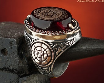 Unique Seal of Solomon Red Amber Stone Men Silver Ring, Solomons Seal Ring, Silver Ring, Silver Jewelry, Red Stone Handmade Silver Ring