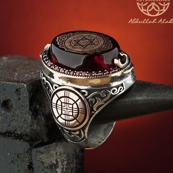 Unique Seal of Solomon Red Amber Stone Men Silver Ring, Solomons Seal Ring, Silver Ring, Silver Jewelry, Red Stone Handmade Silver Ring