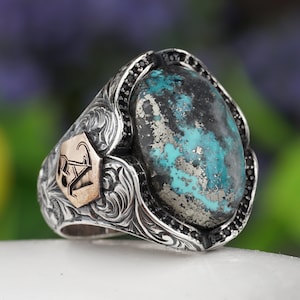 Genuine Turquoise Gemstone Sterling Silver Ring, Statement Ring for Men, Natural Turquoise Ring, Letters or Name Engraved Silver Gift Ring