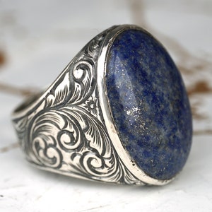 Lapis Lazuli Gemstone Engraved Sterling Silver Ring, Natural Ring for Men, Gemstone Ring, Gift for Him, Anniversary Gift Silver Ring
