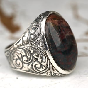 Mossy Agate Gemstone Engraved Sterling Silver Ring, Brown Natural Ring for Men, Gemstone Ring, Gift for Him, Anniversary Gift Silver Ring