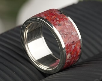 Genuine Broken Coral Gemstone Sterling Silver Wedding Ring, Coral Gemstone Ring, Thick Wedding Band Ring, Broken Gemstone Silver Ring