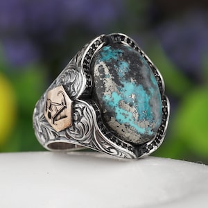 Genuine Turquoise Gemstone Sterling Silver Ring, Customized Turquoise Ring, Personalized Initial Ring for Men, Natural Turquoise Ring
