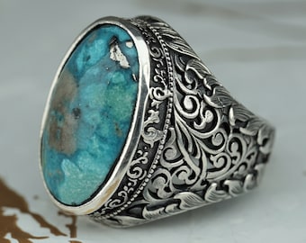 Genuine Turquoise Gemstone Sterling Silver Ring, Statement Ring for Men, Natural Turquoise Ring, Gift for Him, Anniversary Gift Silver Ring