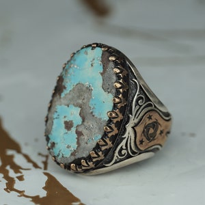 Genuine Turquoise Gemstone Sterling Silver Ring, Statement Ring for Men, Natural Turquoise Ring, Turquoise Stone Jewelry Gift