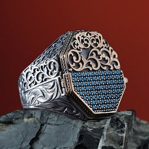 Micro multi stenen mannen zilveren ring, islamitische ring voor mannen, bescherming ring, bedekte ring met deksel, soera geschreven ring, moslim ring