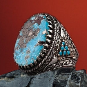 Natural Turquoise Stone Men&#39;s Silver Ring,Large Gemstone Ring Men,Unique Engraved Ring,Natural Stone Ring,Gift For Him,Elegant Ring Men