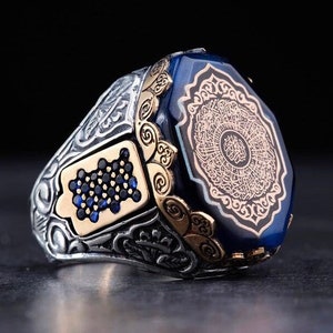 Islamic Silver Ring, Surah Inshirah Written Silver Ring, Arabic ring, Amber Ring, Blue Stone Ring, Blue Amber Ring, Islamic Silver Ring