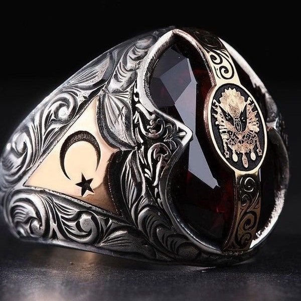 Ottoman Empire Flag Handmade Private Design Red Stone Gold Plated Steling Silver Ring for Men, Unique Ring, Special Design Hand Carved Art