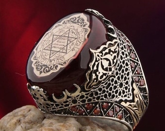 Anillo de sello de Salomón, anillo de estrella de David, anillo de protección, anillo de plata de piedra ámbar de fuego rojo, circón de micro piedras, anillo hecho a mano personalizado