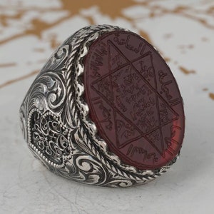 Manuscript hand gegraveerde agaat edelsteen handgeschreven zegel van Salomo ring, King Solomon zegel ring, handgeschreven Aqeeq ring, handgemaakte ring