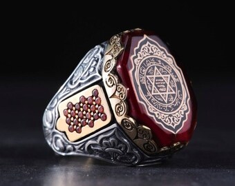 Solomon Seal Silver Ring, Men's Silver Ring, Seal of Solomon ring, Top stone is red fire amber stone, Micro stones zircon, Custom ring