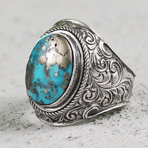 Genuine Turquoise Gemstone Sterling Silver Ring, Statement Ring for Men, Natural Turquoise Ring, Gift for Him, Anniversary Gift Silver Ring