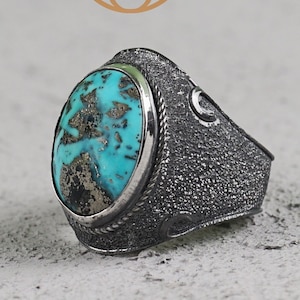 Genuine Turquoise Gemstone Sterling Silver Ring, Statement Ring for Men, Natural Turquoise Ring, Gift for Him, Anniversary Gift Silver Ring