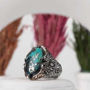 Alhambra Palace Design Genuine Turquoise Gemstone Sterling Silver Ring, Map Engraved Ring, Sterling Silver Ring, Raw Turquoise Gemstone image 2