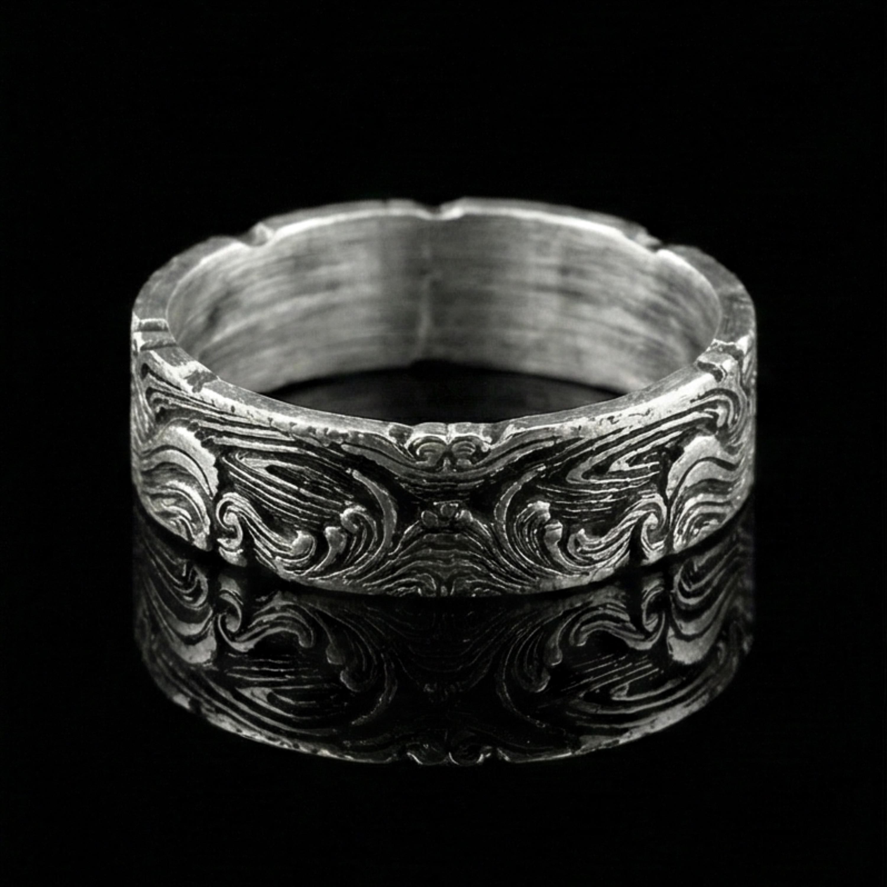 Men Silver Ring, Japanese Wave Ring, Oxidized Sterling Silver Band