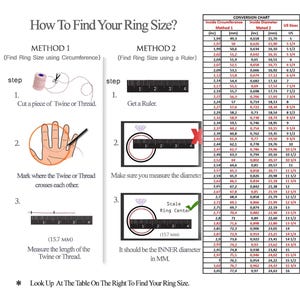 May include: Diagram illustrating how to measure ring size using twine or a ruler, with a conversion chart for US sizes. Includes instructions for measuring circumference and diameter in millimeters.